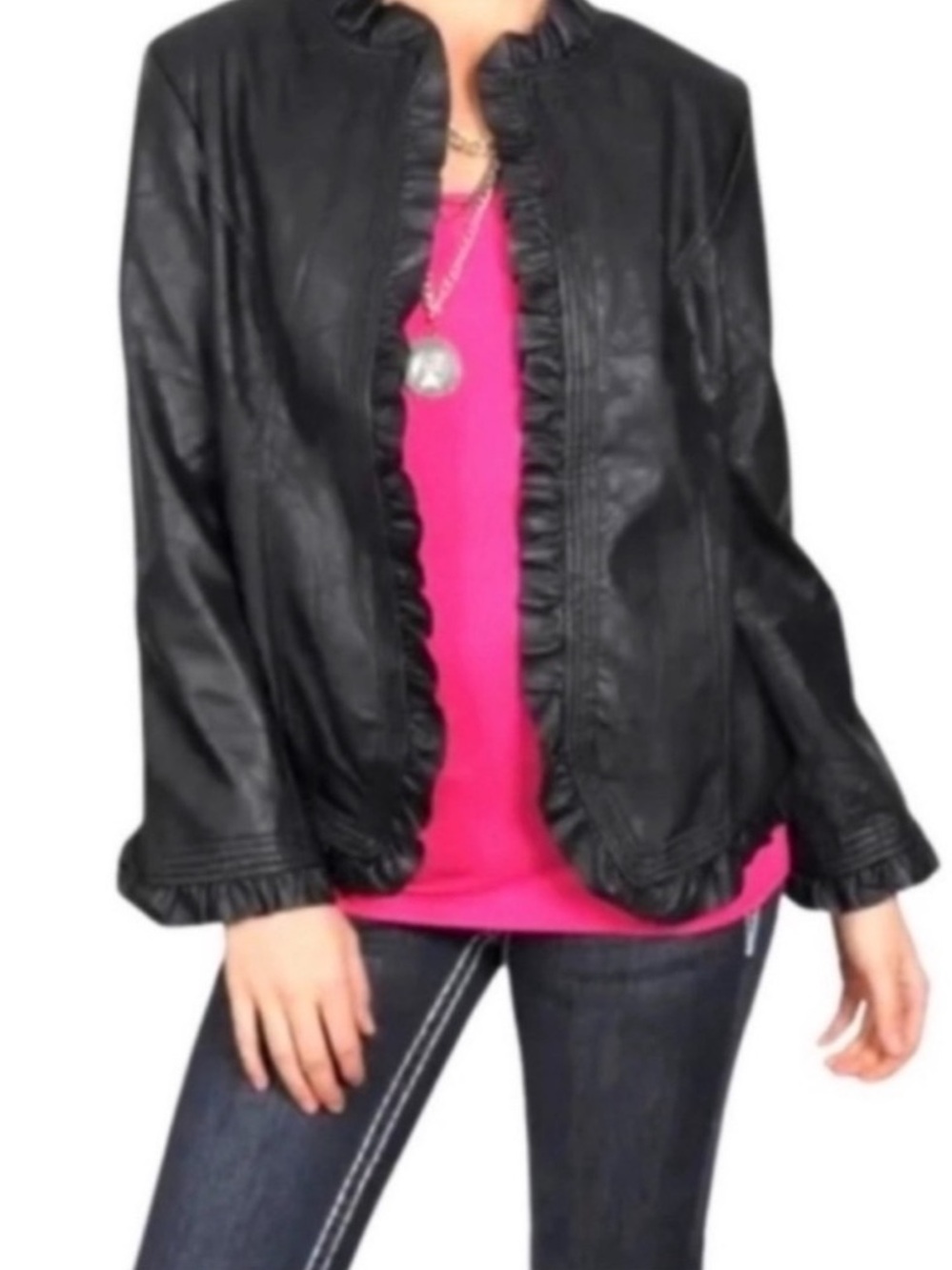 Hot in Hollywood Black Faux Leather Ruffle Trim Jacket Size Small
